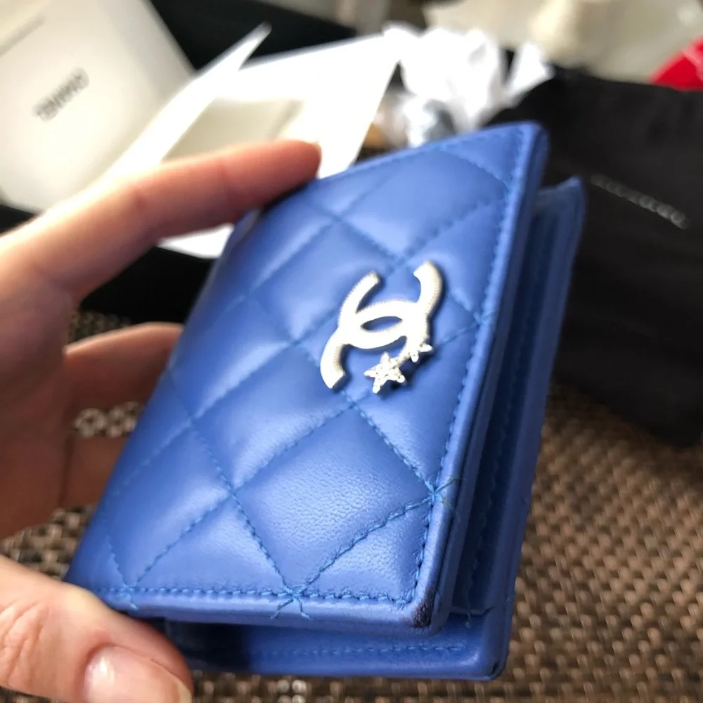 Chanel lambskin leather blue bifold wallet